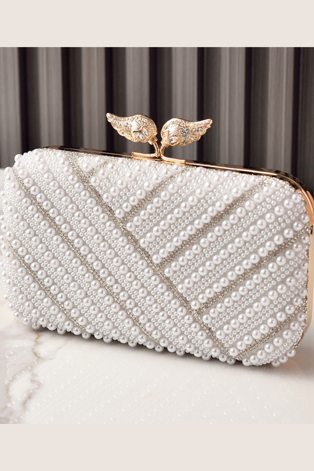Pearl Beaded Rhinestone Clutch Purse Handbag with Wing Clasp