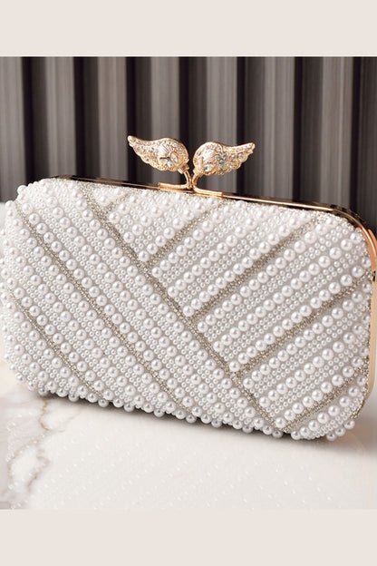 Pearl Beaded Rhinestone Clutch Purse Handbag with Wing Clasp