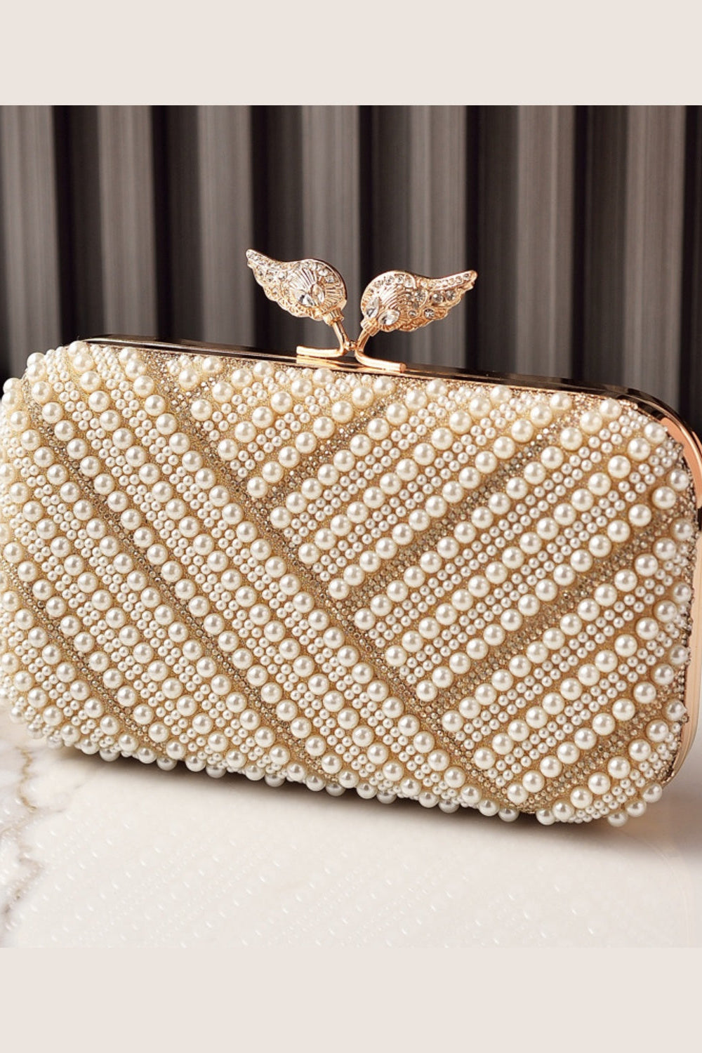 Pearl Beaded Rhinestone Clutch Purse Handbag with Wing Clasp