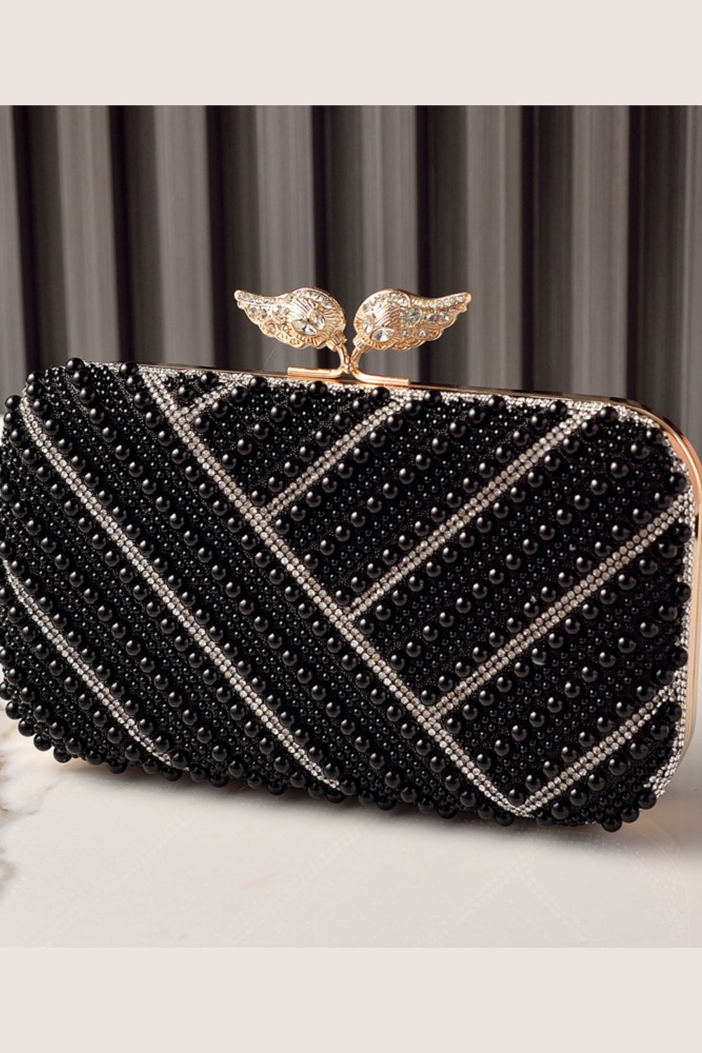 Pearl Beaded Rhinestone Clutch Purse Handbag with Wing Clasp