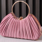 Pleated Satin Clutch Purse Handbag with Metal Ring Handle