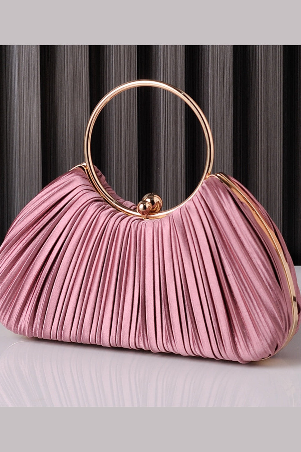 Pleated Satin Clutch Purse Handbag with Metal Ring Handle