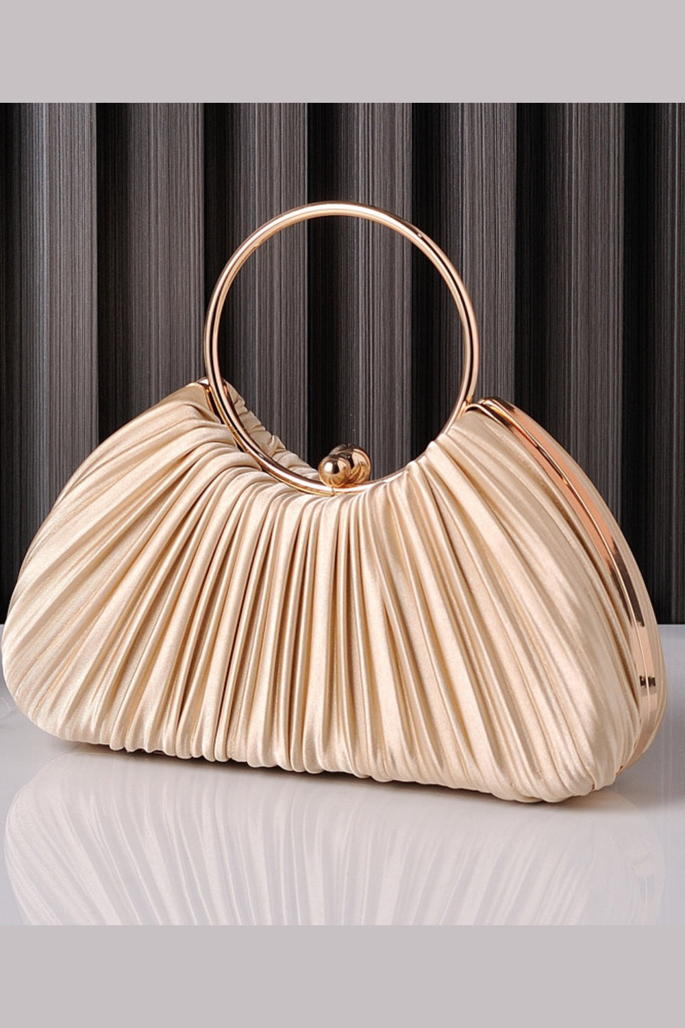 Pleated Satin Clutch Purse Handbag with Metal Ring Handle