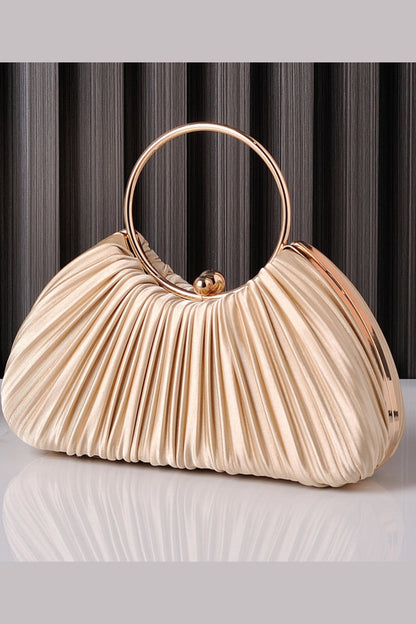 Pleated Satin Clutch Purse Handbag with Metal Ring Handle