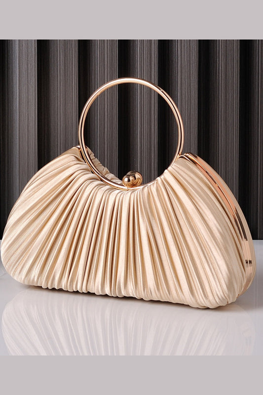 Pleated Satin Clutch Purse Handbag with Metal Ring Handle