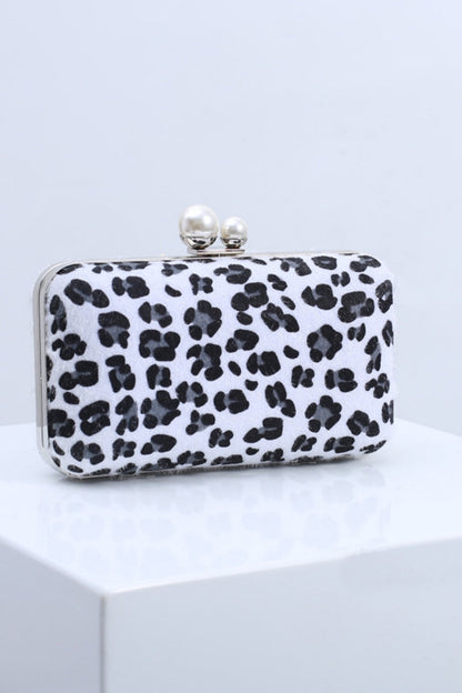 Leopard Print Faux Fur Clutch Purse Handbag with Pearl Clasp