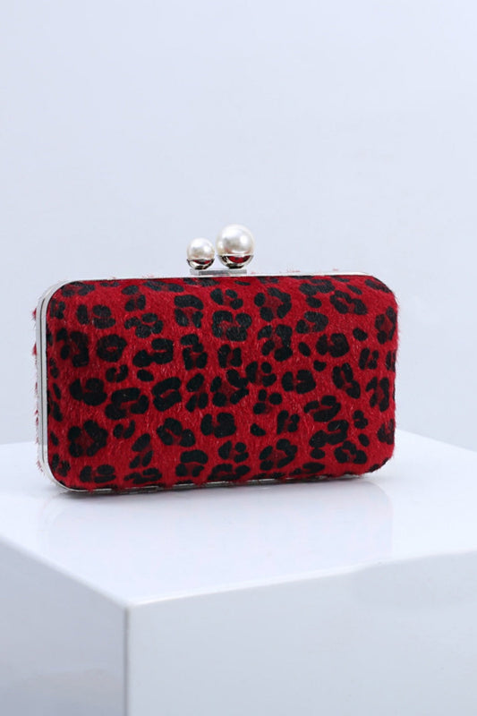 Leopard Print Faux Fur Clutch Purse Handbag with Pearl Clasp