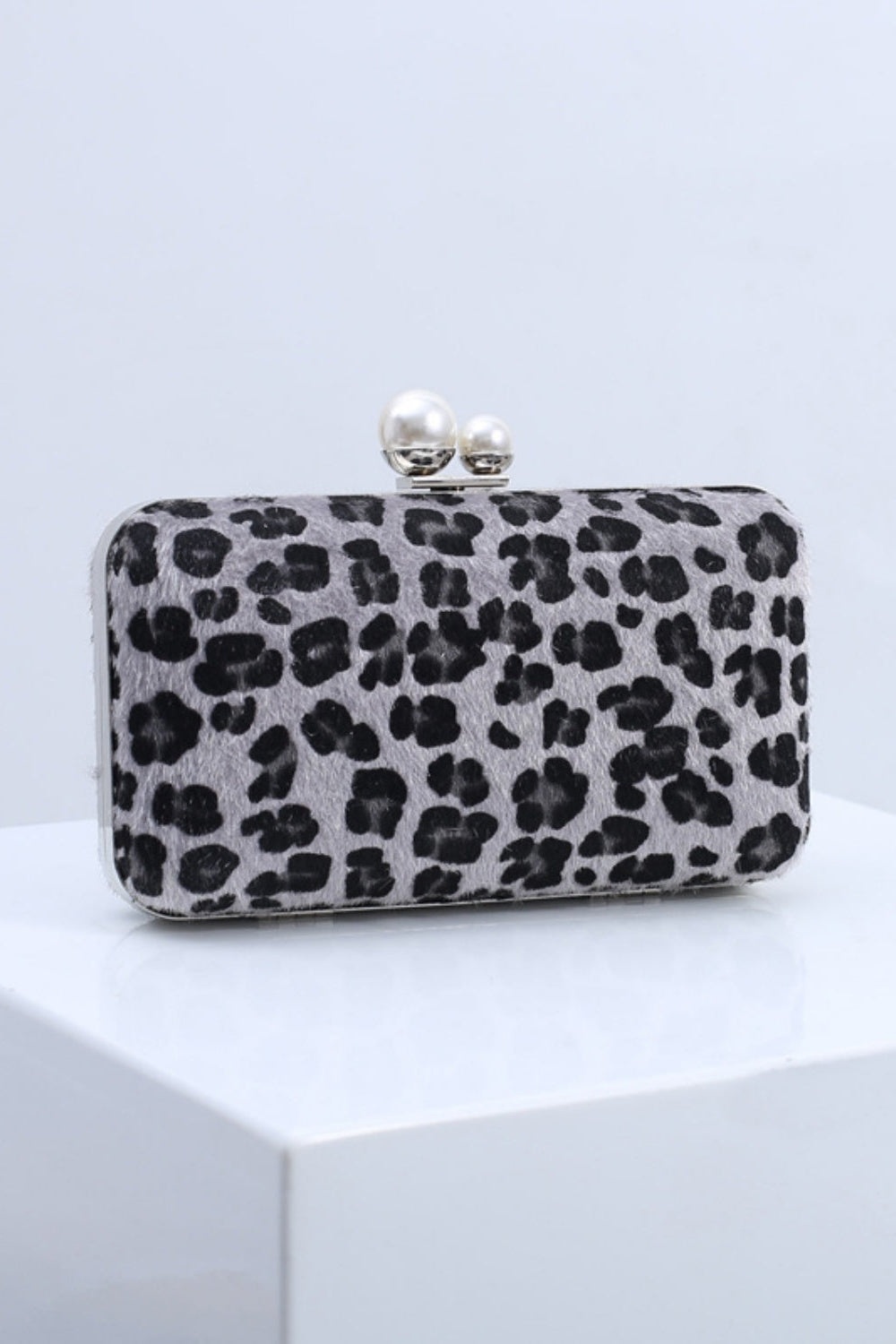 Leopard Print Faux Fur Clutch Purse Handbag with Pearl Clasp