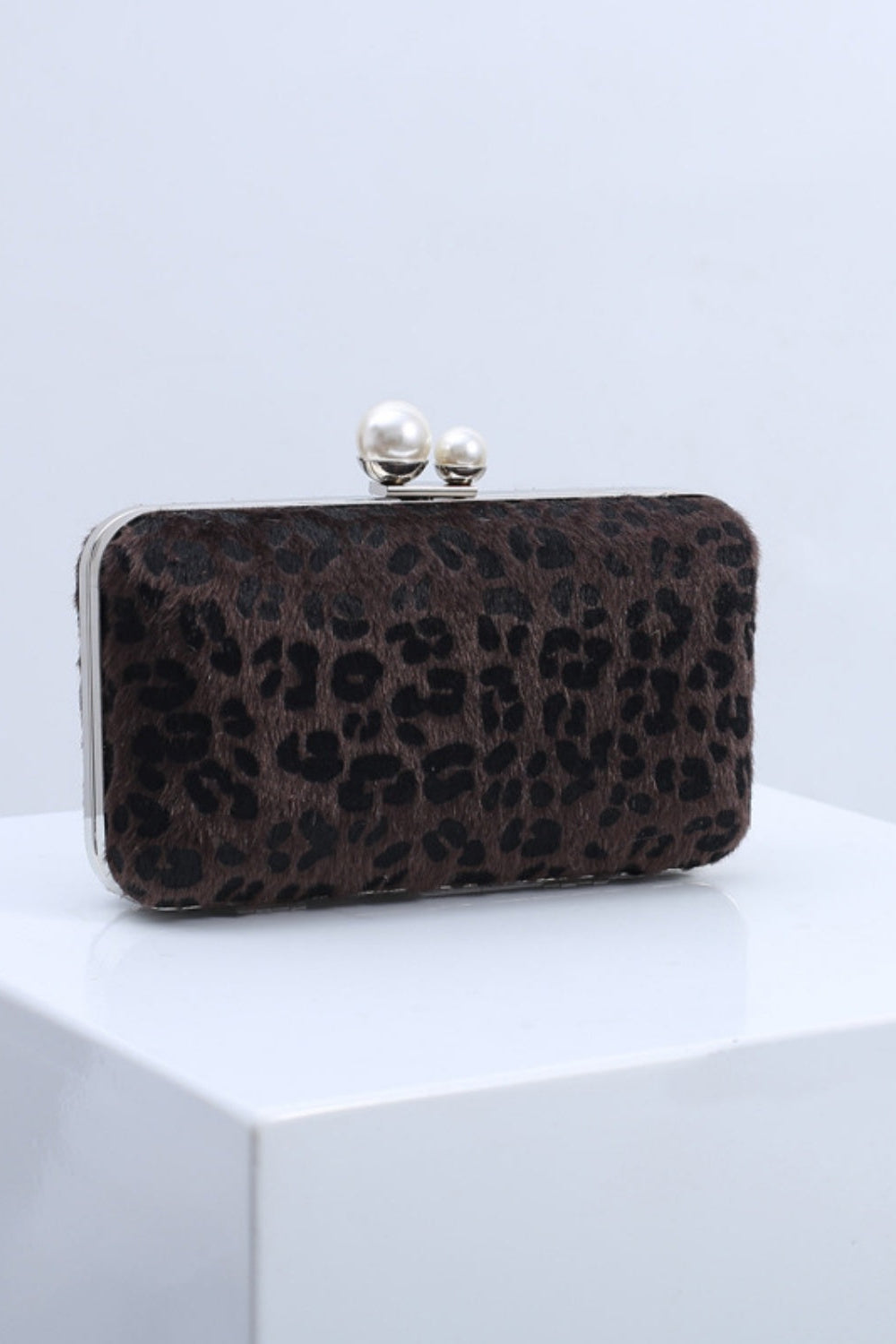 Leopard Print Faux Fur Clutch Purse Handbag with Pearl Clasp