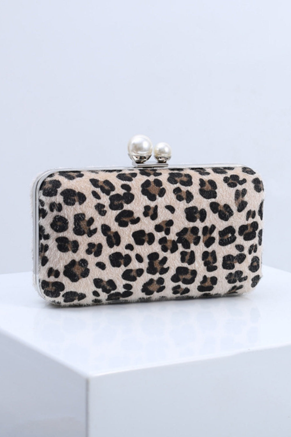 Leopard Print Faux Fur Clutch Purse Handbag with Pearl Clasp