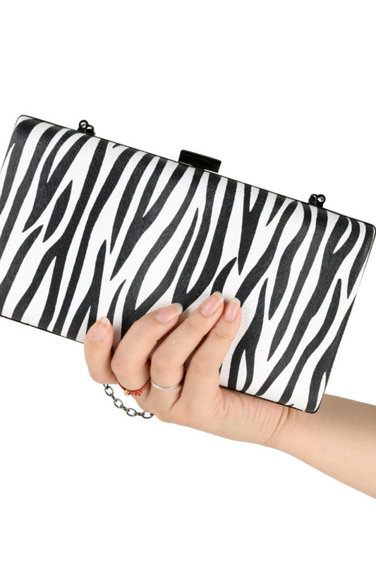 Zebra Print Faux Leather Clutch Purse Handbag with Metal Clasp