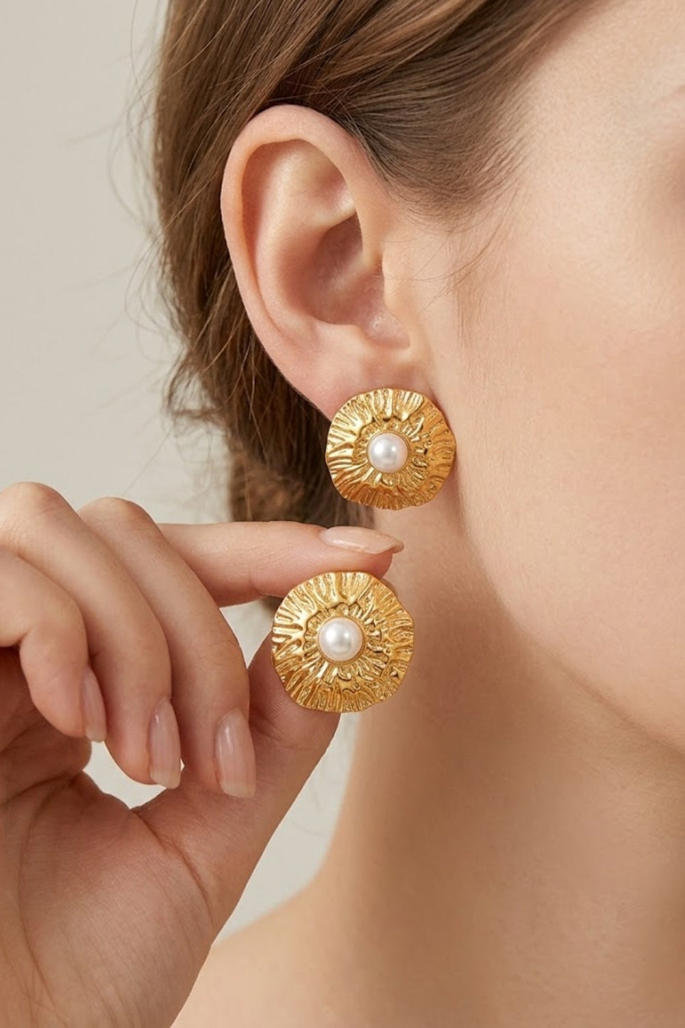 Hammered Gold Pearl Sunburst Studs