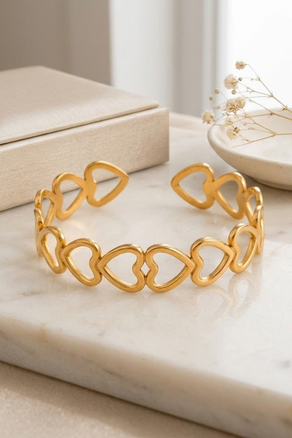 Gold Hollow Heart Linked Open Cuff Bracelet Bangle