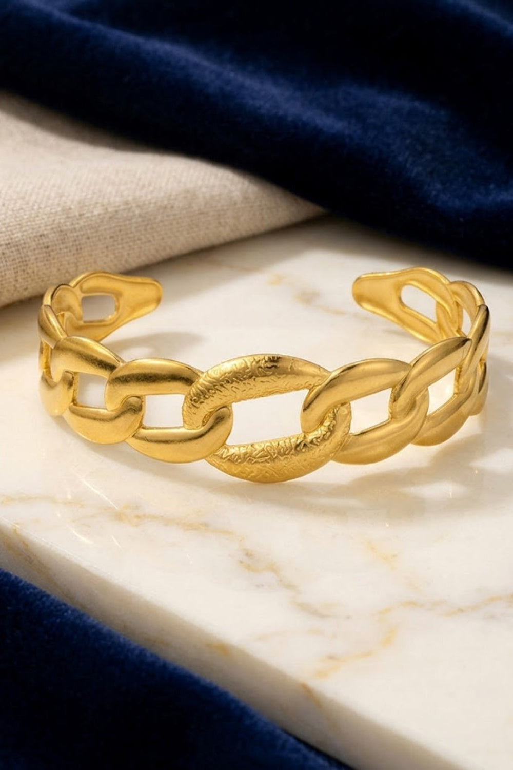 Gold Chunky Cuban Chain Link Textured Open Cuff Bracelet