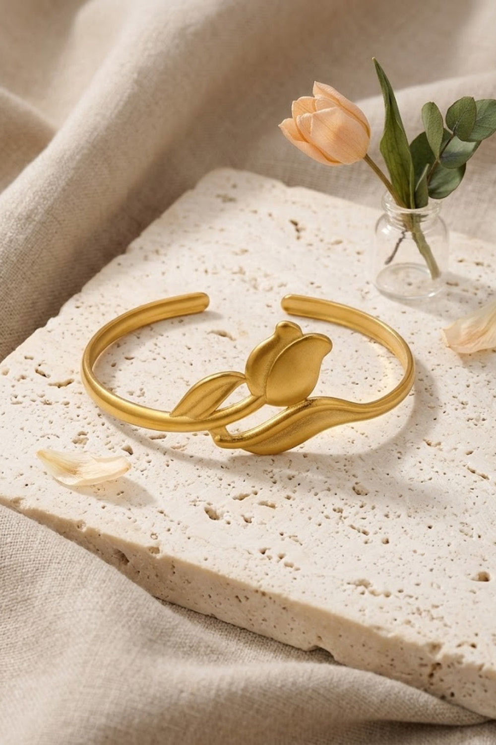Gold Matte Tulip Flower Floral Botanical Open Cuff Bracelet