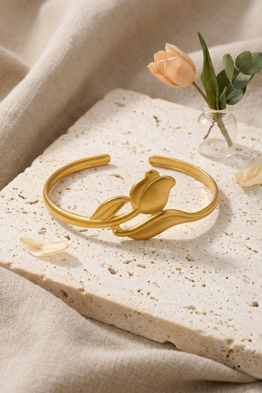 Gold Matte Tulip Flower Floral Botanical Open Cuff Bracelet
