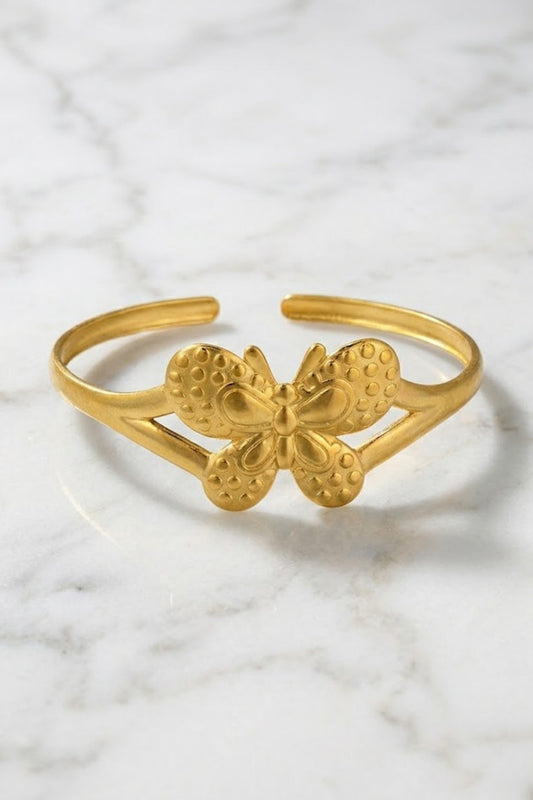Gold Matte Butterfly Open Cuff Bracelet Textured Dotted Insect