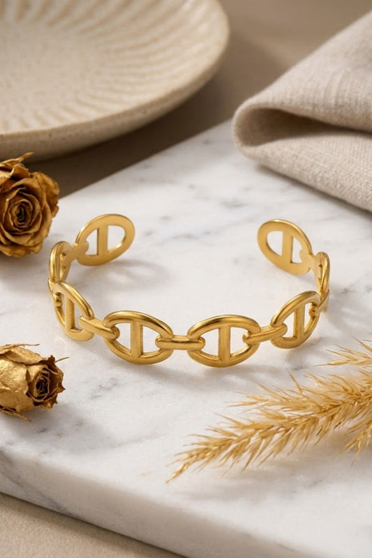 Gold Matte Anchor Chain Link Open Cuff Bracelet