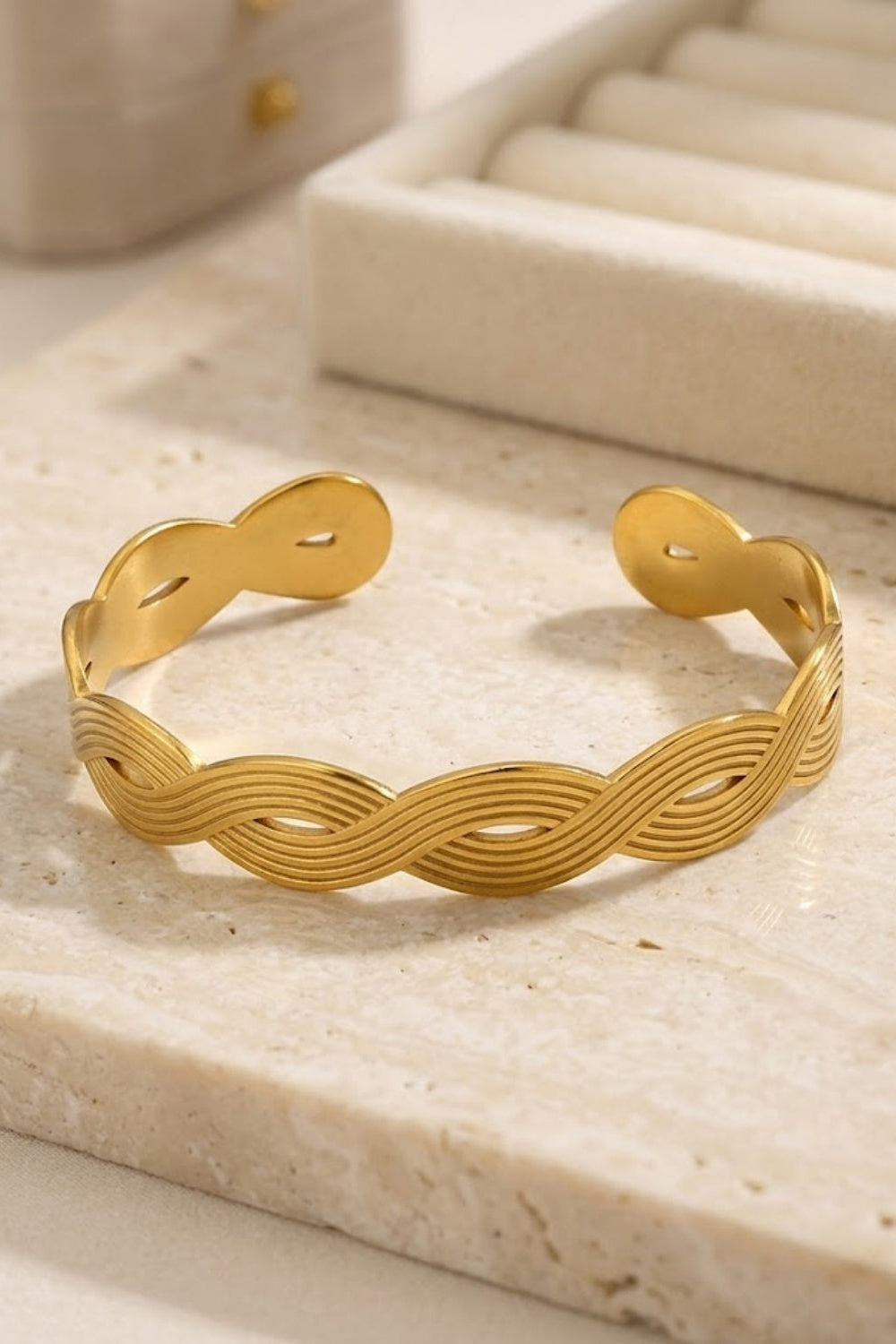 Gold Matte Braided Twisted Wavy Wire Open Cuff Bracelet