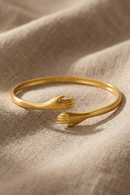 Gold Matte Hugging Hands Embrace Open Cuff Bracelet