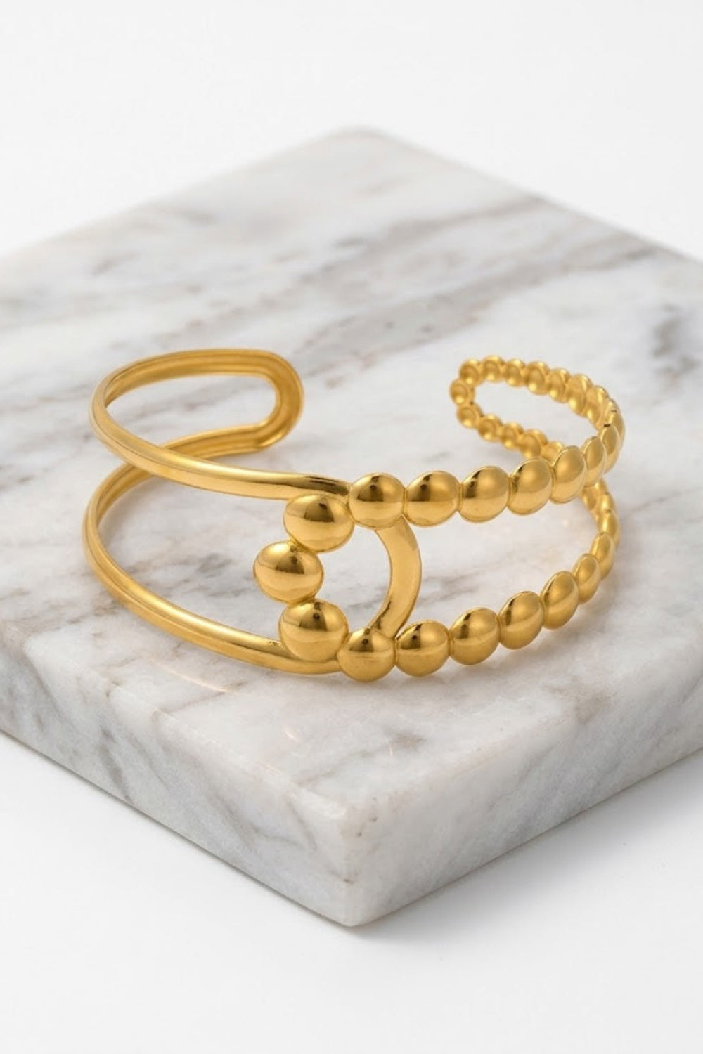 Gold Beaded Double Band Open Cuff Bracelet Circle Accent