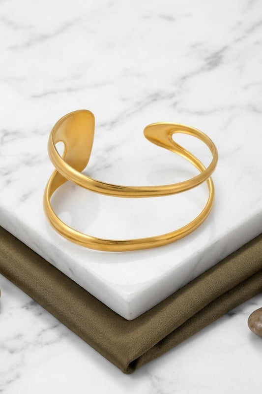Gold Matte Double Band Abstract Cutout Open Cuff Bracelet