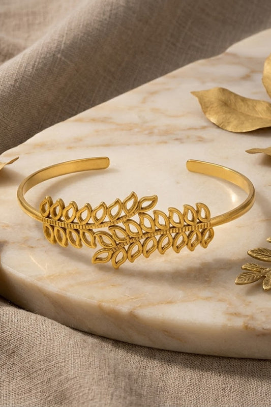 Gold Matte Leaf Branch Bypass Openwork Cuff Bracelet