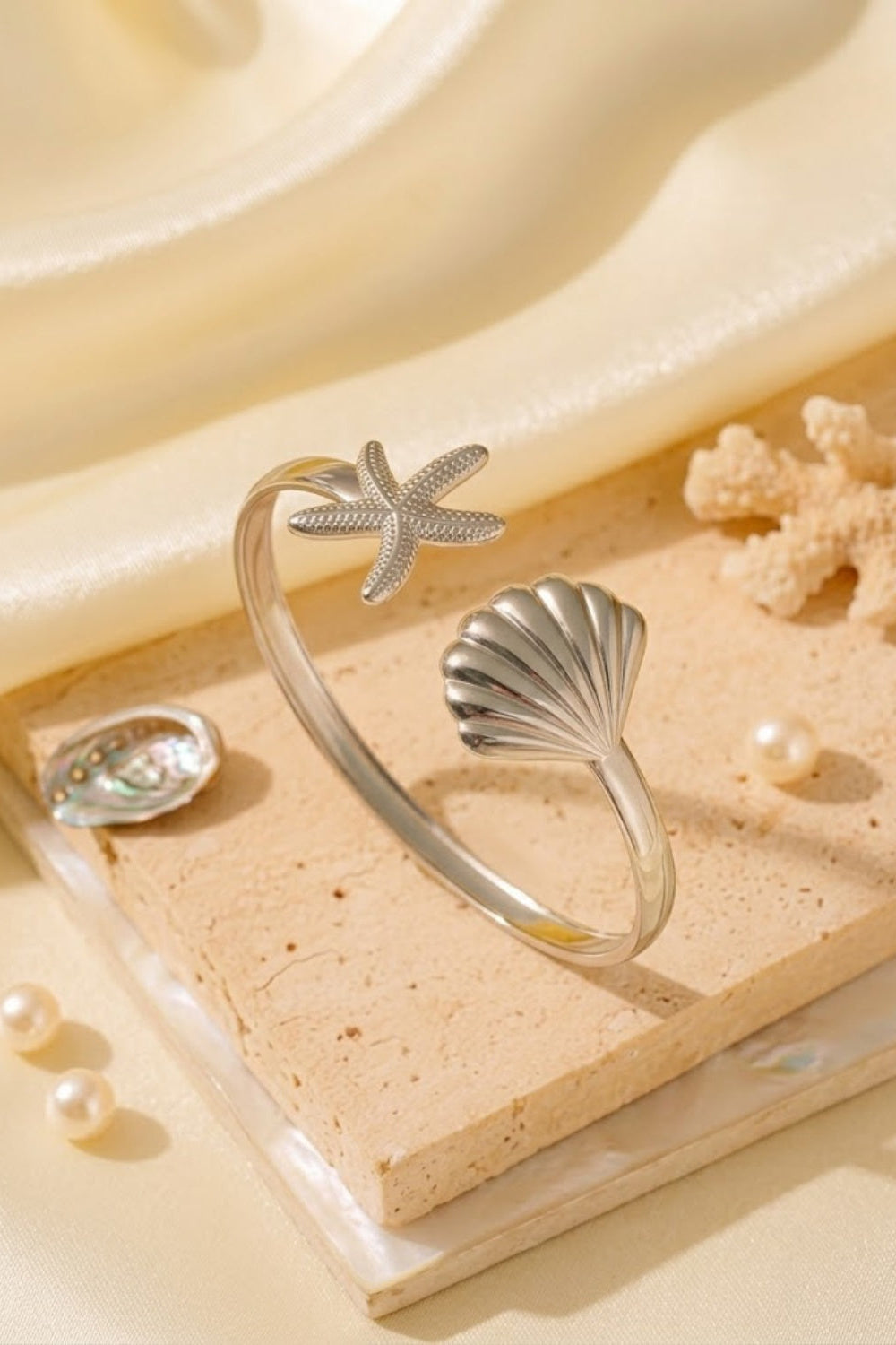 Starfish Seashell Ocean Marine Bypass Open Cuff Bracelet