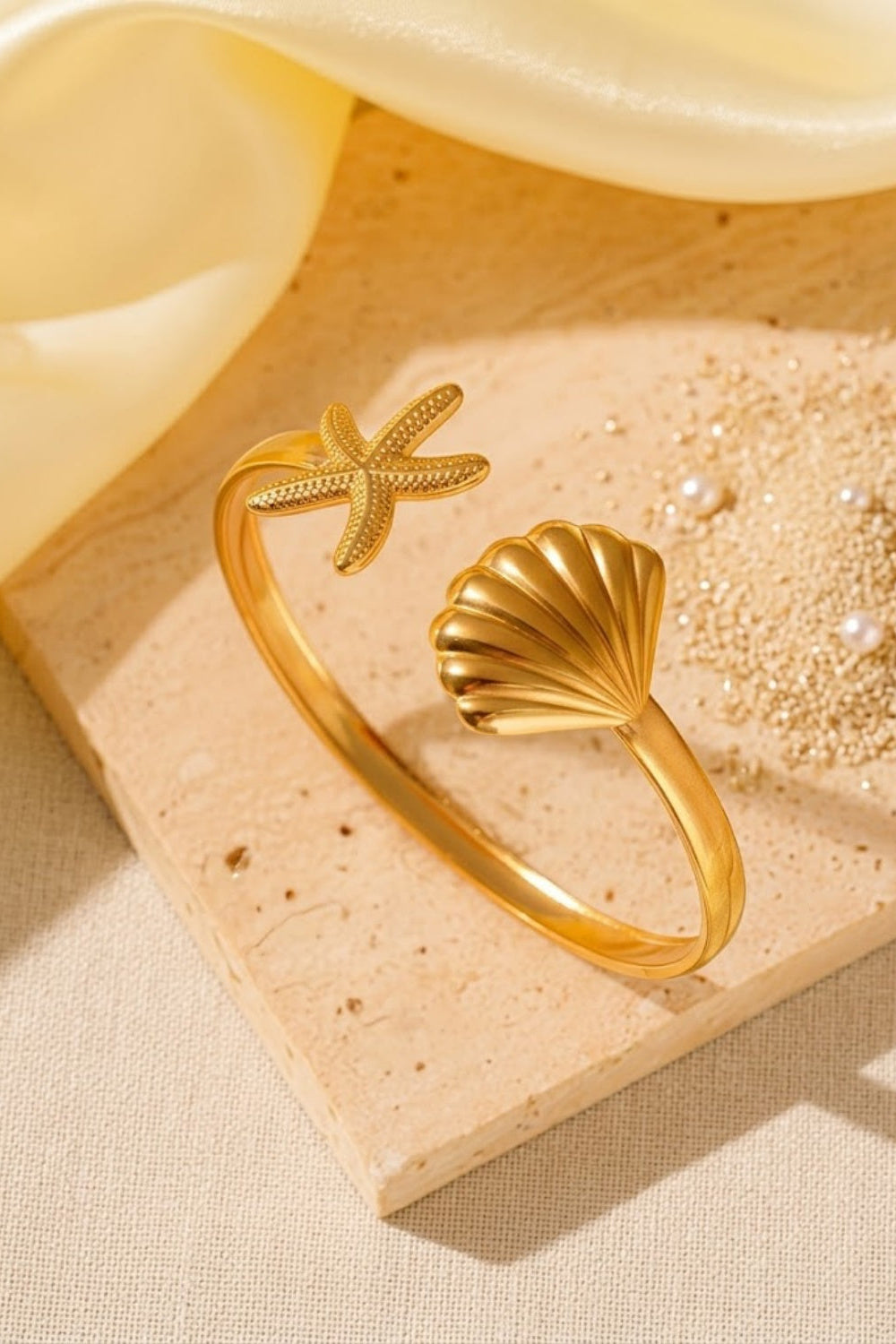 Starfish Seashell Ocean Marine Bypass Open Cuff Bracelet