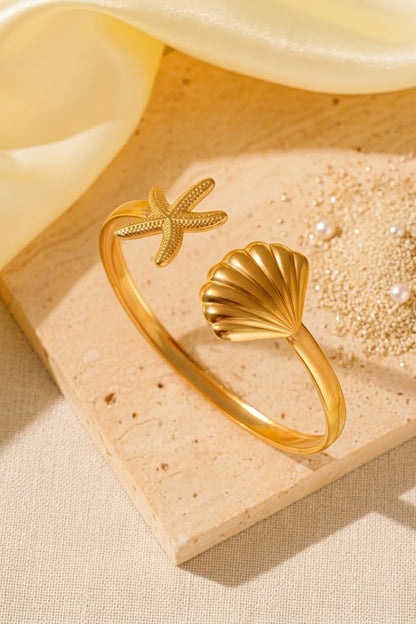 Starfish Seashell Ocean Marine Bypass Open Cuff Bracelet