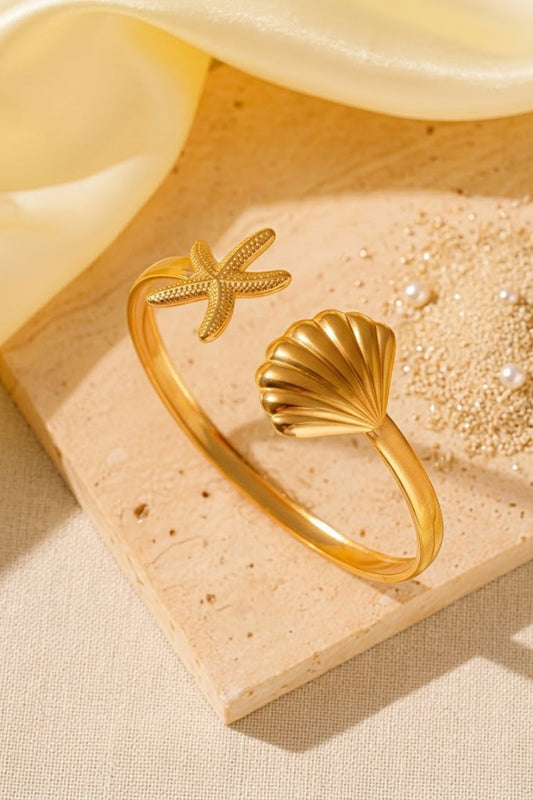 Starfish Seashell Ocean Marine Bypass Open Cuff Bracelet