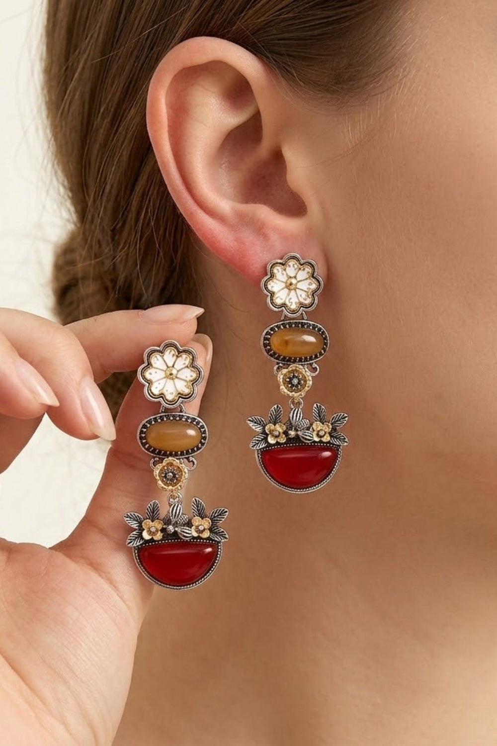 Vintage Baroque Red Gem Prom Earrings
