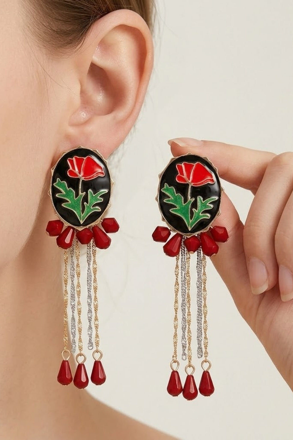 Chinoiserie Red Tassel Prom Earrings