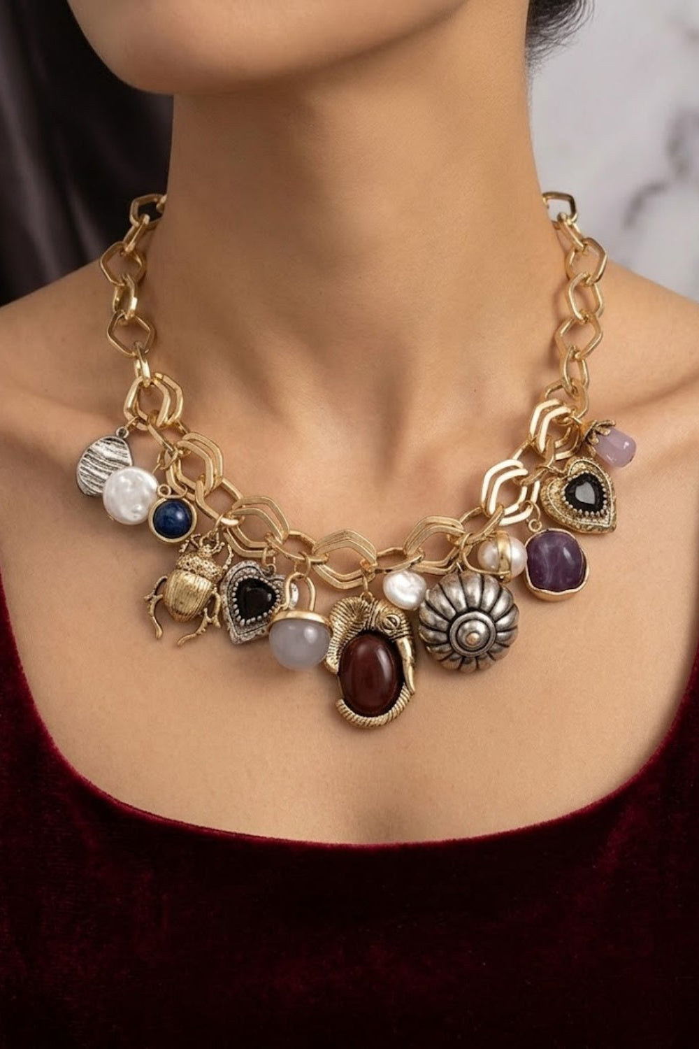 Scarab Heart Pearl Gemstone Mixed Charm Chunky Link Chain Necklace