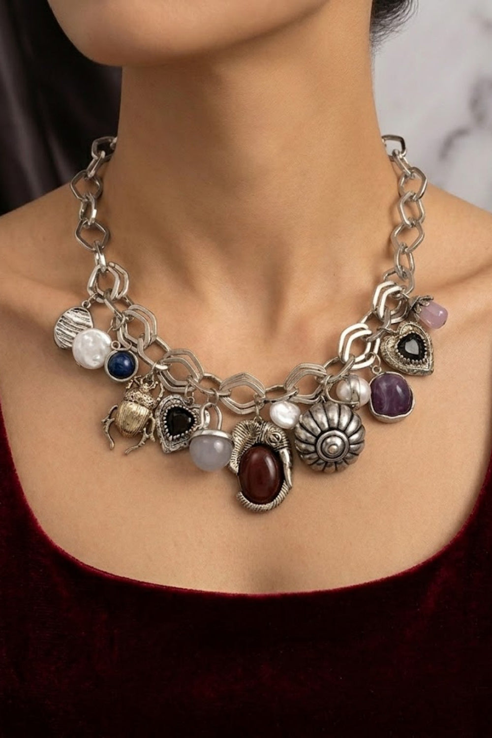 Scarab Heart Pearl Gemstone Mixed Charm Chunky Link Chain Necklace