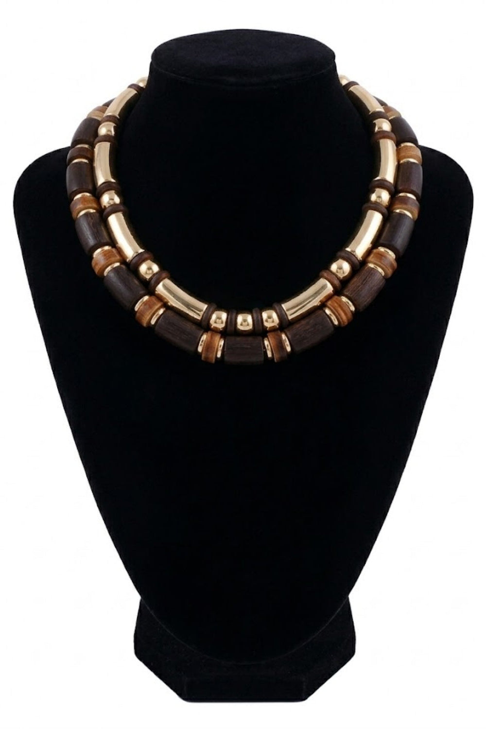 Brown Layered Wood Metal Tube Choker Necklace