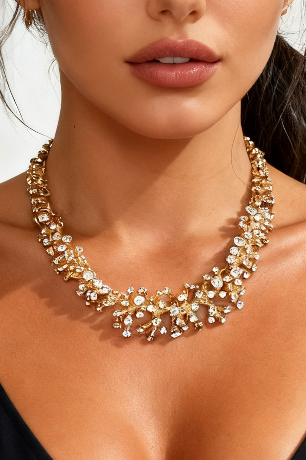 Gold Rough Coral Branch Structure White Rhinestone Necklace