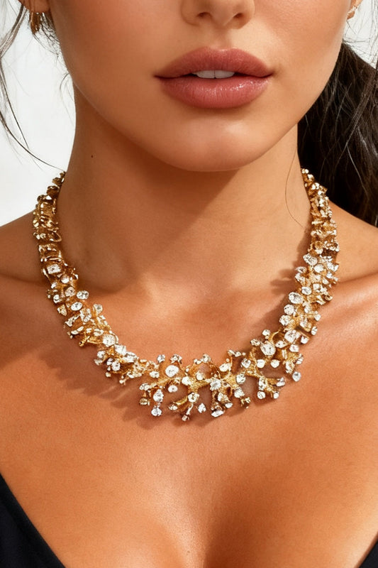 Gold Rough Coral Branch Structure White Rhinestone Necklace