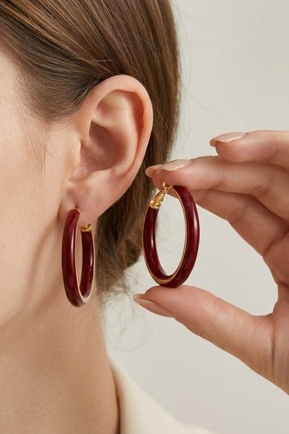 Burgundy Enamel Hoop Earrings