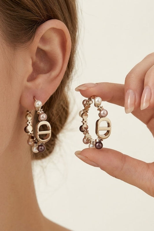 Mixed Pearl Letter Hoop Earrings