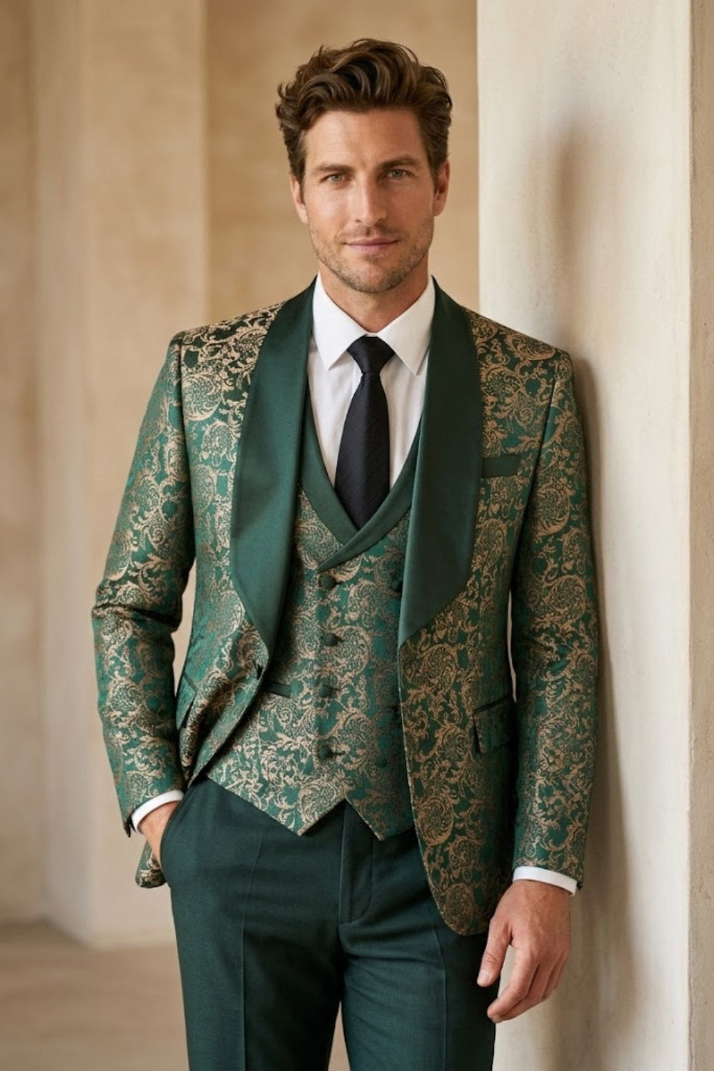 Emerald Green Brocade Slim Fit Prom Suit