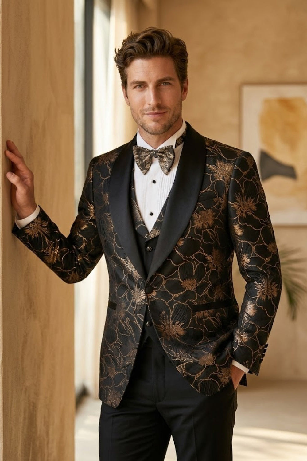 Black and Gold Floral Slim Fit Prom Suit