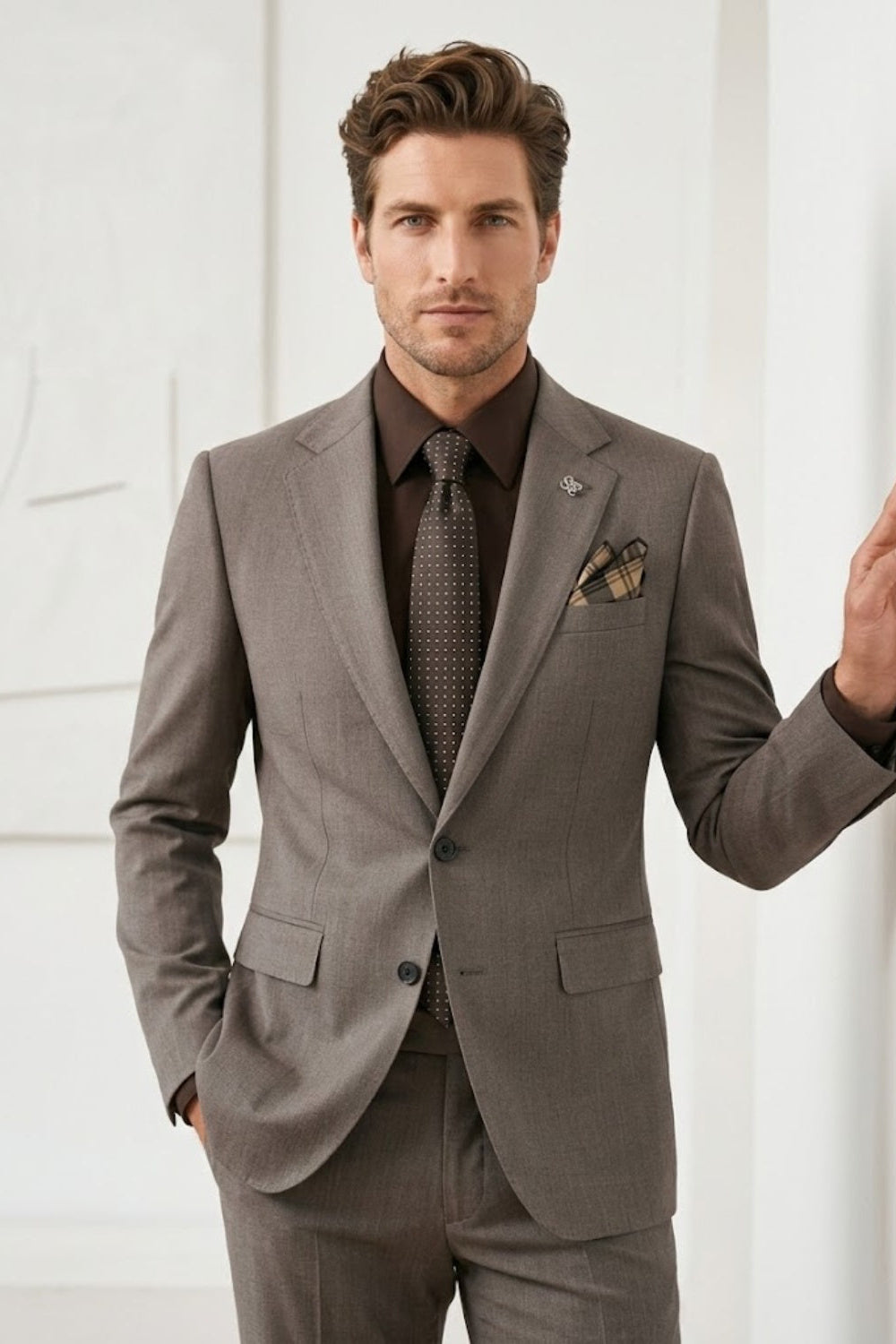 Brown Solid Single Breasted Modern Fit Wedding Suit