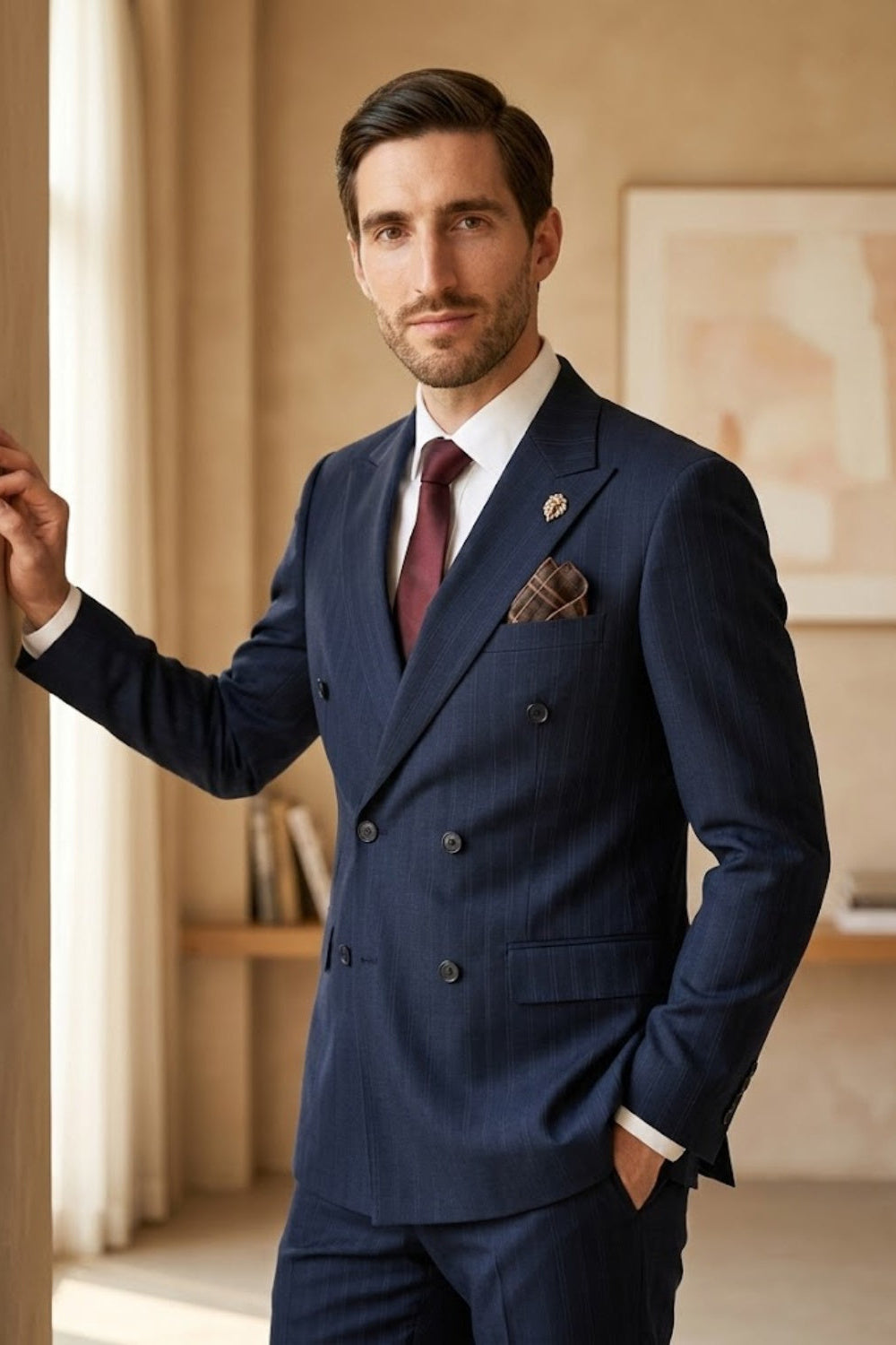 Navy Blue Double Breasted Modern Fit Prom Suit