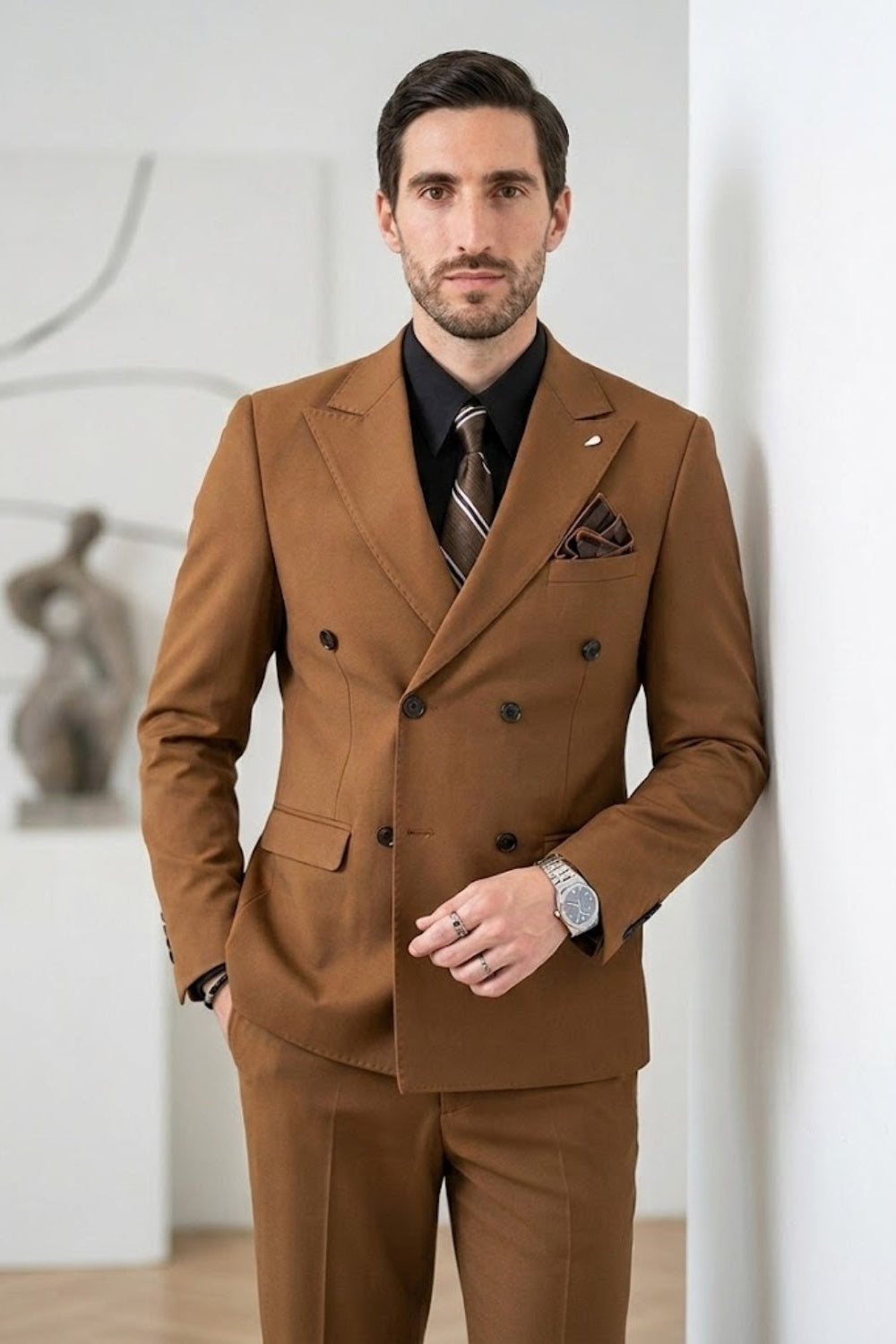 Brown Solid Double Breasted Classic Fit Formal Suit
