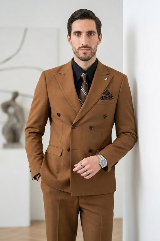Brown Solid Double Breasted Classic Fit Formal Suit