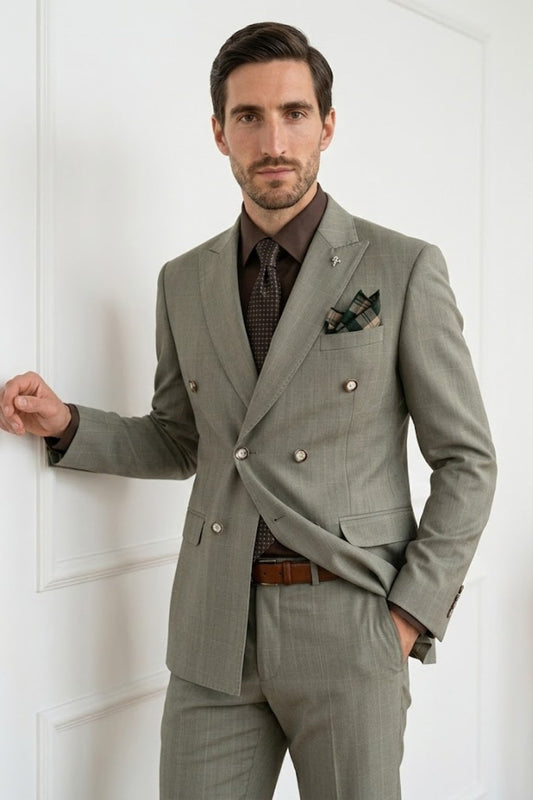 Olive Plaid Double Breasted Tailored Fit Formal Suit