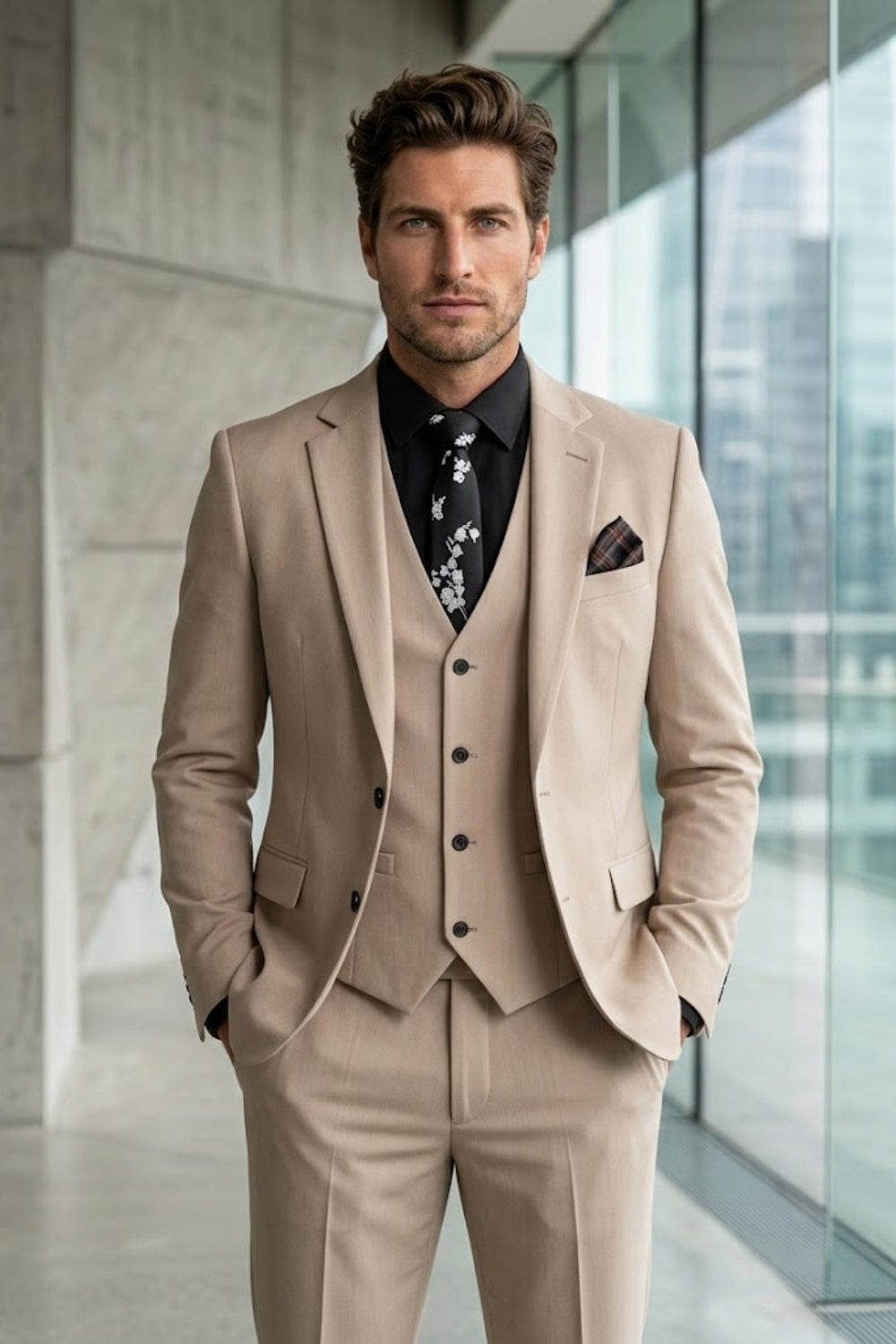Tan Textured Vest Refined Fit Formal Suit