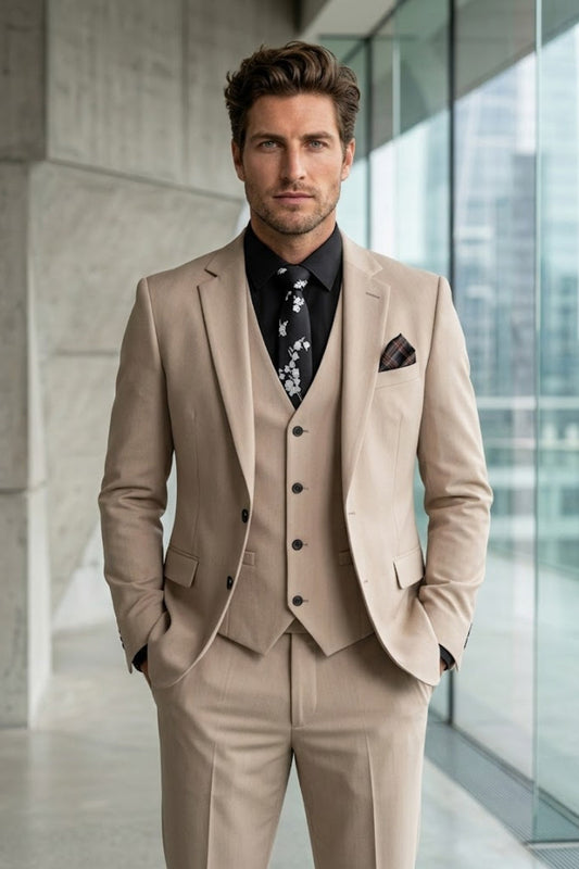 Tan Textured Vest Refined Fit Formal Suit