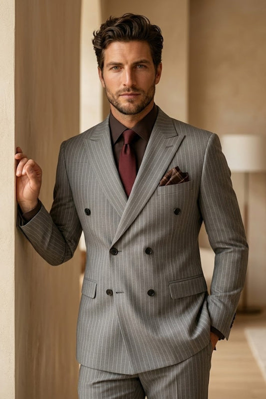 Light Grey Pinstripe Double Breasted Slim Fit Prom Suit